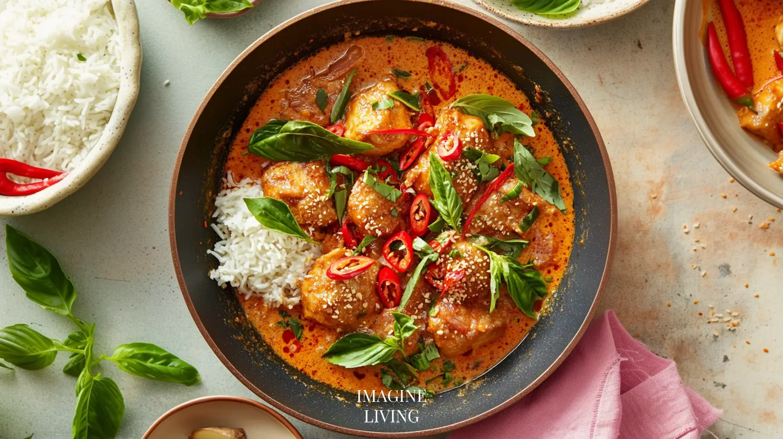 A bowl of Thai red curry chicken with jasmine rice, garnished with ...